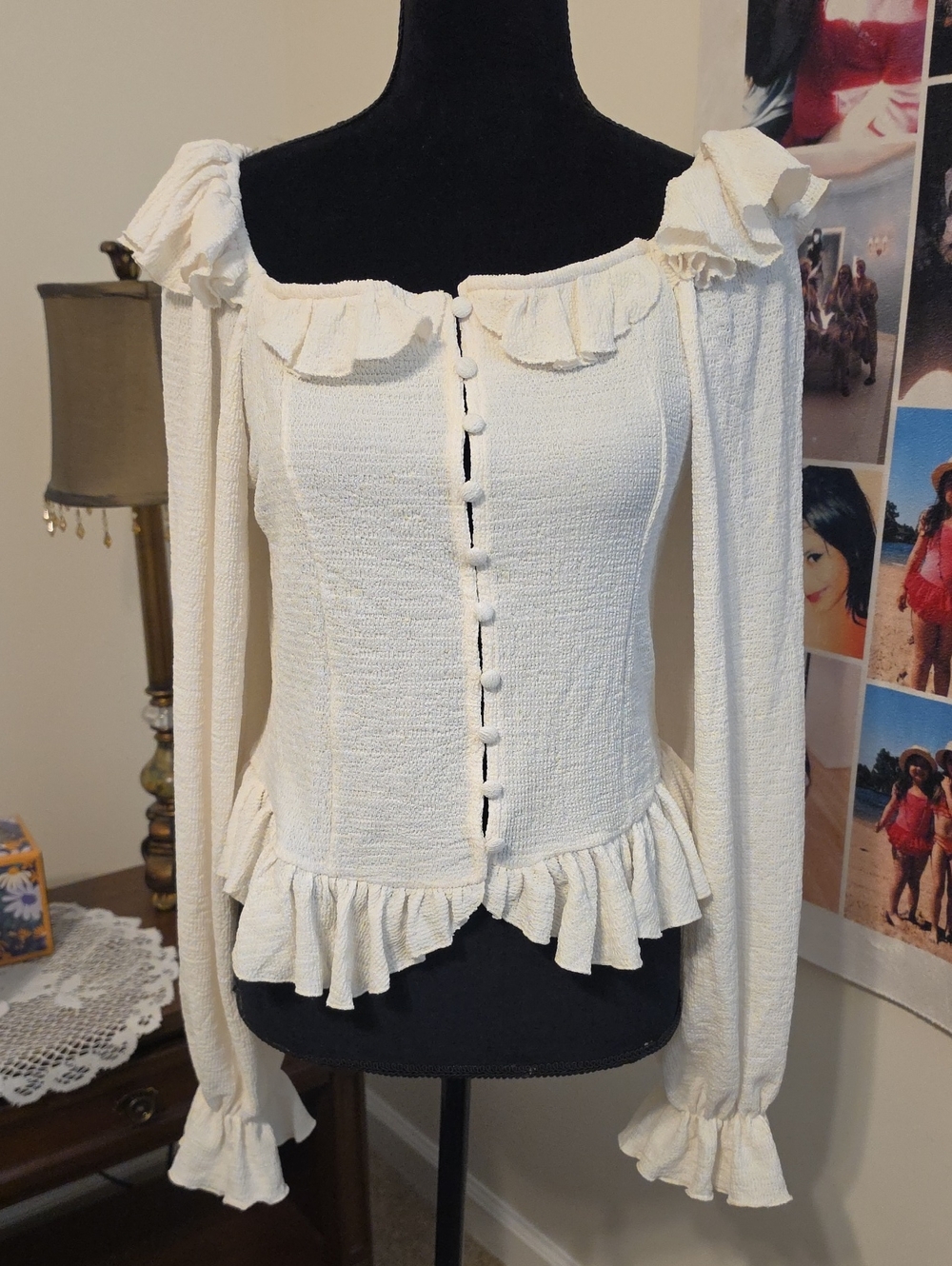 Cream Ruffle Button-Front Women's Top